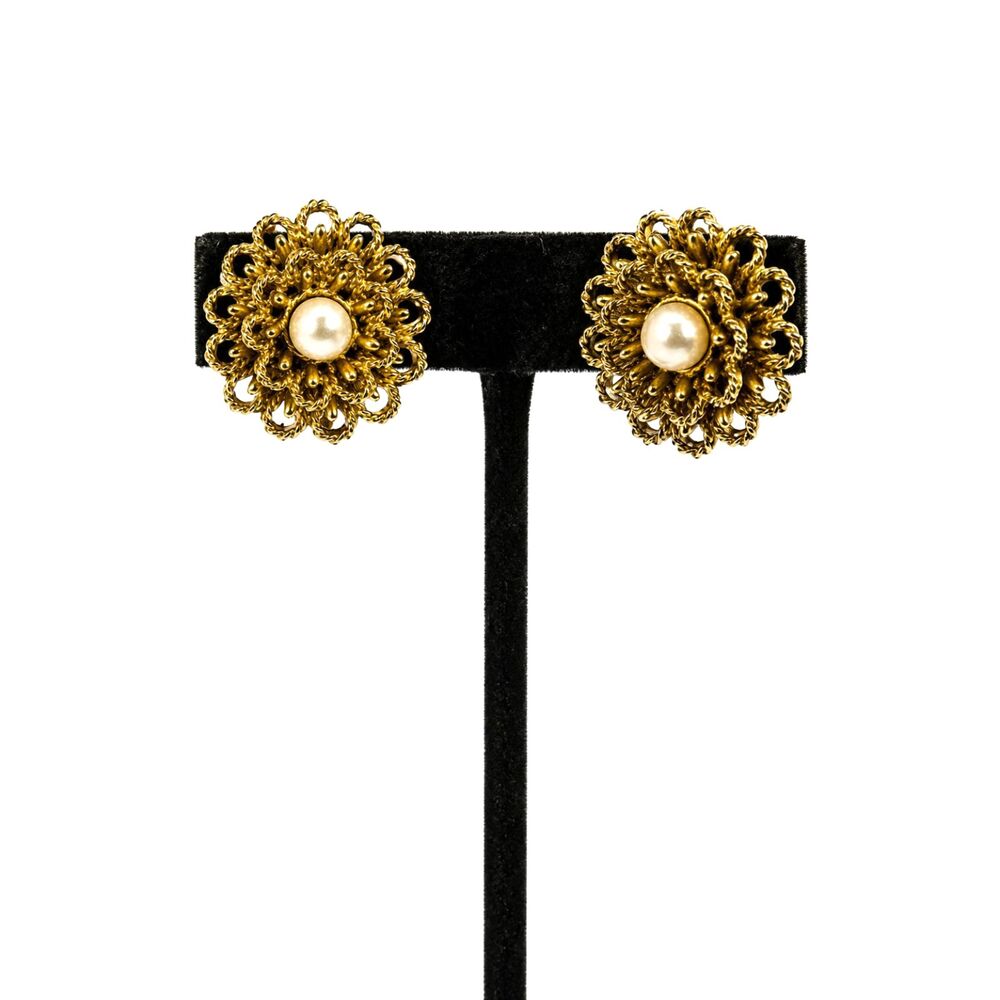 VINTAGE BOUCHER EARRINGS Gold Tone Faux Pearl Floral Clip On Signed Designer